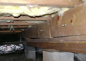 A sagging crawl space with concrete supports and wooden shimming a Bettendorf crawl space